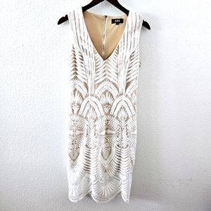 ABS white dress size 4 lace overlay nude v neck scalloped hem sleeveless